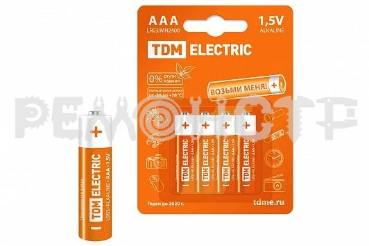 Фото Элемент питания LR03 AAA Alkaline 1,5V BP-4 TDM (4/48) КРАТНО 4ШТ (П)