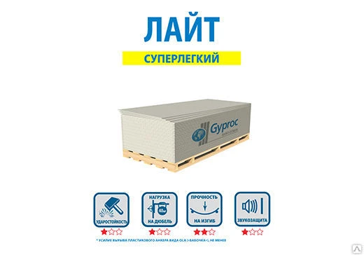 Фото Гипсокартон Gyproc Лайт стандартный 2500х1200х9,5 мм.
в