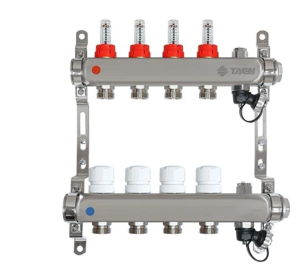 Фото Коллектор для теплого пола на 4 контура Taen с расходомерами (из нержавеющей стали, гребенка)