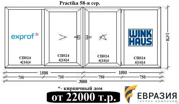 Фото Окна в квартиру Exprof Practica 58мм c немецкой фурнитурой Winkhaus