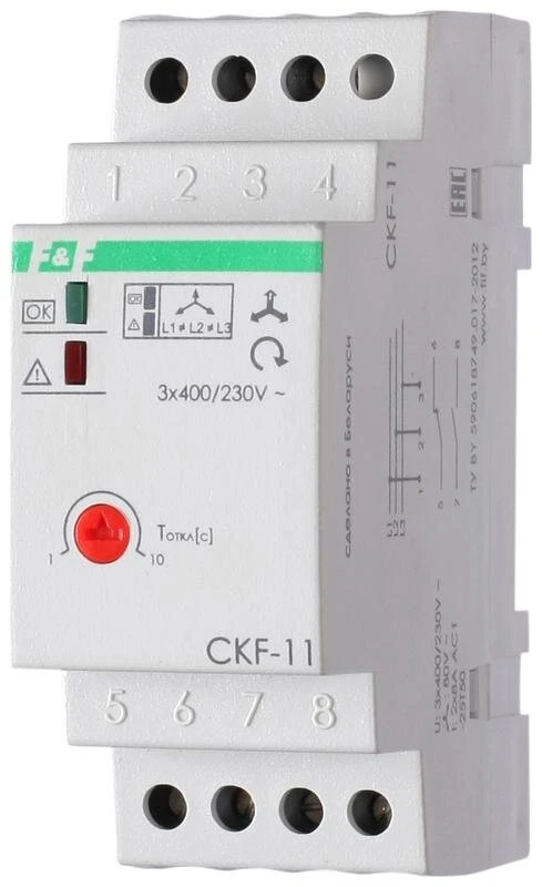 Фото Реле контроля фаз для сетей с изолированной нейтралью CKF-11 (монтаж на DIN-рейке 35мм; регулировка задержки отключения; контроль чередования фаз; 3х400В 8А 1Z 1R IP20)(аналог ЕЛ-11Е) F&F EA04.004.003