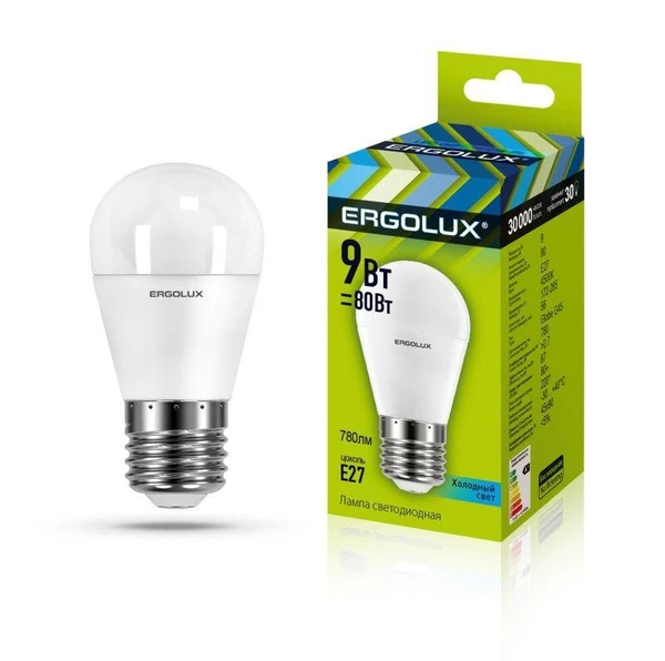 Фото Лампа светодиодная LED-G45-9W-E27-4К Шар 9Вт E27 4500К 172-265В Ergolux 13177