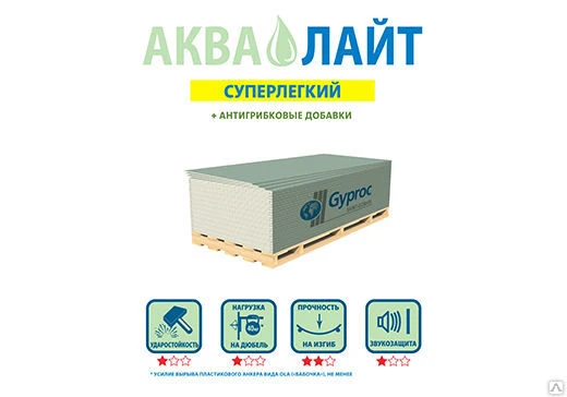 Фото Gyproc Аква Лайт влагостойкий 2500х1200х9,5 мм.
в