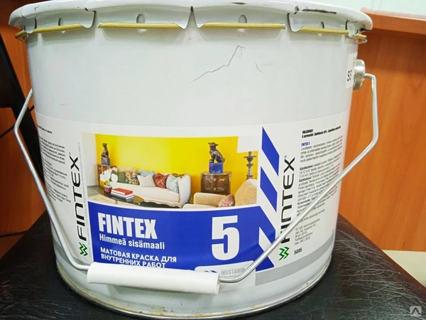 Фото Краска Fintex 5, для стен и потолков, моющаяся, матовая, База С, 9л