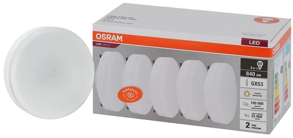 Фото Лампа светодиодная LED Value LVGX5360 8SW/830 230В GX53 2х5 RU (уп.5шт) OSRAM 4058075584235