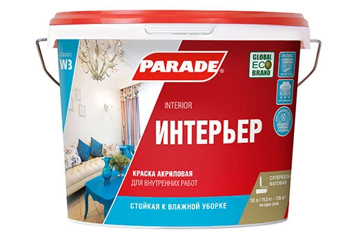 Фото Краска акриловая PARADE CLASSIC W3 Интерьер, база А, 10л