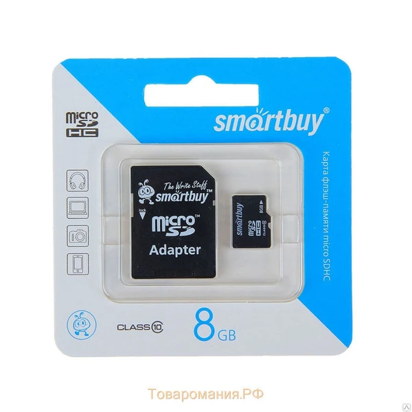 Фото Карта памяти microSDHC 8Gb Smart Buy Class 4 (с адаптером)