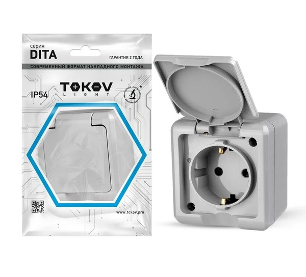 Фото Розетка 1-м ОП Dita 16А IP54 250В с заземл. с крышкой сер. TOKOV LIGHT TKL-DT-R1Z-C06-IP54