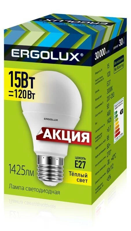 Фото Лампа светодиодная LED-A60-15W-E27-3K ЛОН 15Вт E27 3000К 220-240В ПРОМО Ergolux 14308