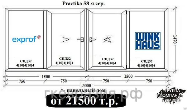 Фото Окна из пластика Exprof Practica 58мм c немецкой фурнитурой Winkhaus