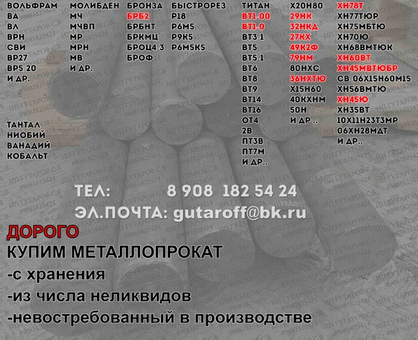 Фото КУПИМ ДОРОГО 29НК 36НХТЮ 79НМ ХН78Т ХН60ВТ ХН45Ю 32НКД  50Н 49К2Ф 27КХ Х20Н80 БрБ2 вольфрам нихром титан молибден тантал и др.