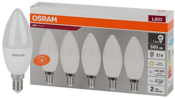 Фото Лампа светодиодная LED Value LVCLB60 7SW/830 230В E14 2х5 RU (уп.5шт) OSRAM 4058075577923