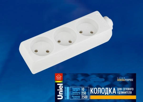 Фото Колодка для удлинителя U-RST3-10 WHITE Колодка для удлинителя Uniel. 3 гнезда, б/з, 10A, 2200Вт. Белый. ТМ Uniel