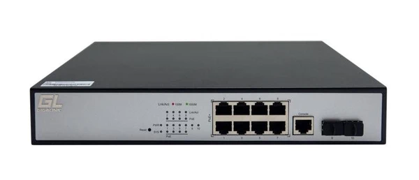 Фото Коммутатор управляемый L2 PoE 8 Base-T 10/100/1000Mb/s портов 2 Base-X SFP 1000Mb/s 1U 19дюйм 220В суммарная мощность 150Вт GIGALINK GL-SW-G204-10P