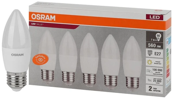 Фото Лампа светодиодная LED Value LVCLB60 7SW/830 230В E27 2х5 RU (уп.5шт) OSRAM 4058075578012