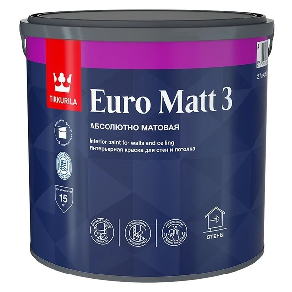 Фото Краска моющаяся матовая EURO MATT 3 глубокоматовая База А TIKKURILA 9 л