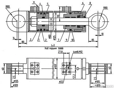 Фото Гидроцилиндр 125x80x1000 стрелы и опоры ЭО-3322,3326 (штуцер)