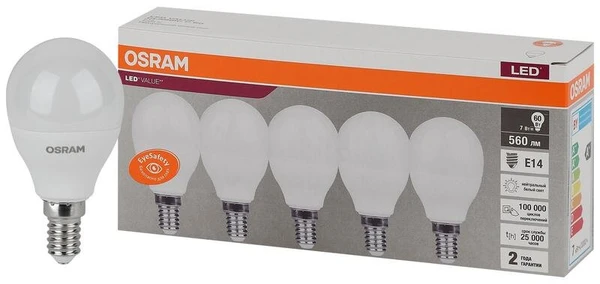 Фото Лампа светодиодная LED Value LVCLP60 7SW/840 230В E14 2х5 RU (уп.5шт) OSRAM 4058075578135