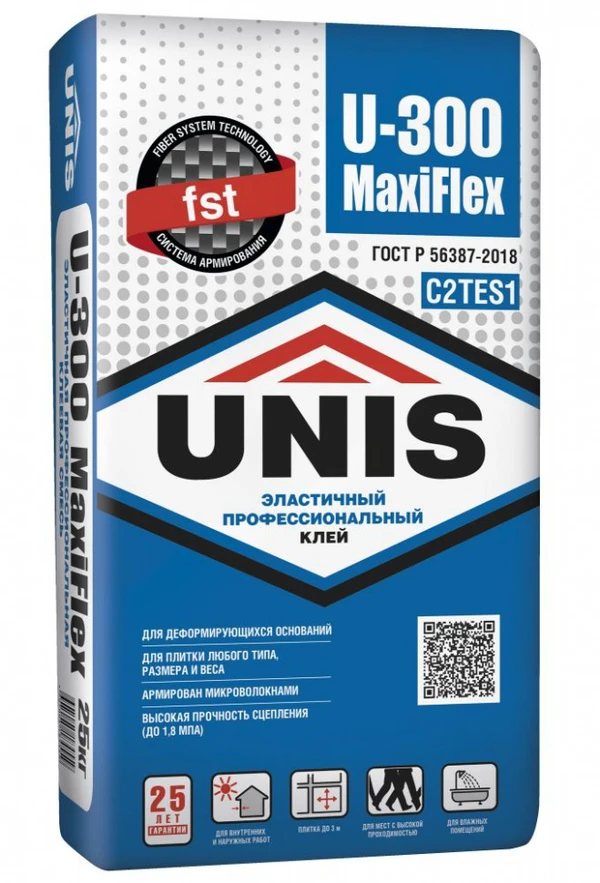 Фото Клей для плитки эластичный армированный UNIS U-300 MAXIFLEX (С2 ТЕ S1) 25кг