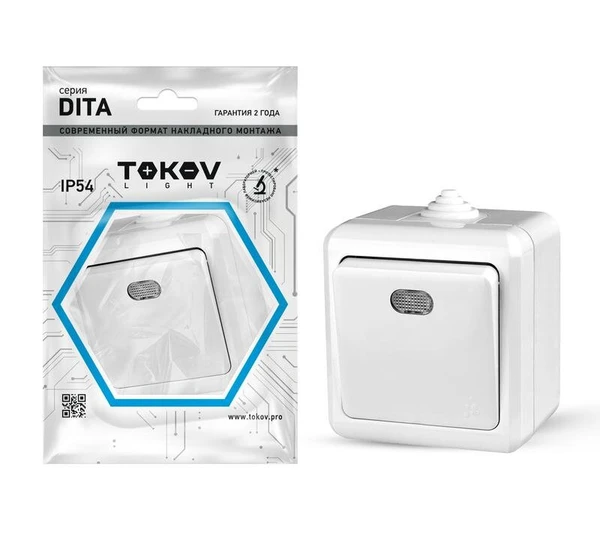 Фото Выключатель 1-кл. ОП Dita IP54 10А 250В с индикацией бел. TOKOV ELECTRIC TKL-DT-V1I-C01-IP54