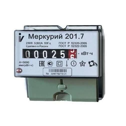 Фото Счетчик "Меркурий" 201.7 1ф 5-60А 1 класс точн. 1 тариф. мех. табло DIN-рейка Инкотекс 32680