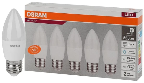 Фото Лампа светодиодная LED Value LVCLB60 7SW/865 230В E27 2х5 RU (уп.5шт) OSRAM 4058075578074