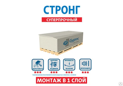 Фото Гипсокартон Gyproc Стронг стандартный 2500х1200х15 мм.
в