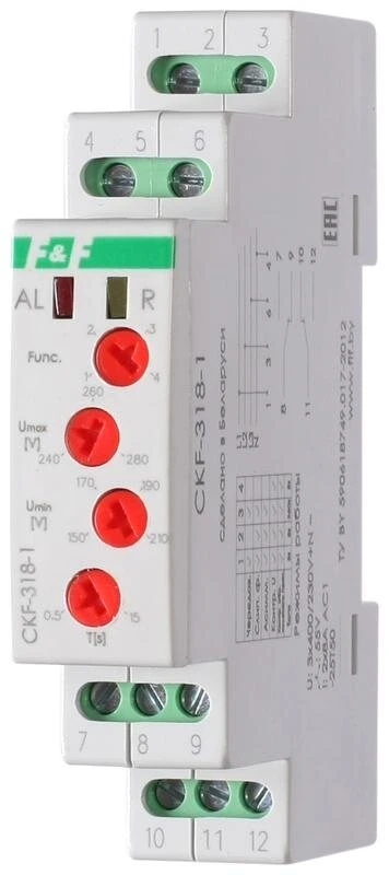 Фото Реле контроля наличия и чередования фаз CKF-318-1 (контроль чередования; слипания фаз; регулировка верх. и нижн. порога напряжения; регулировка задержки отключения; 1 модуль; монтаж на DIN-рейке)(аналог РНПП-311М) F&F EA04.002.007