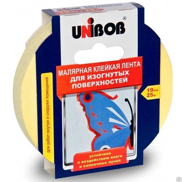 Фото Лента малярная 25мм*25м Профи д/ИЗОГНУТЫХ ПОВЕРХ.д/вн.р/нар.рЖелтая Unibob