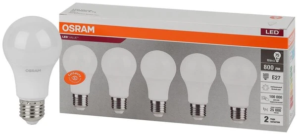 Фото Лампа светодиодная LED Value LVCLA75 10SW/840 230В E27 2х5 RU (уп.5шт) OSRAM 4058075577749