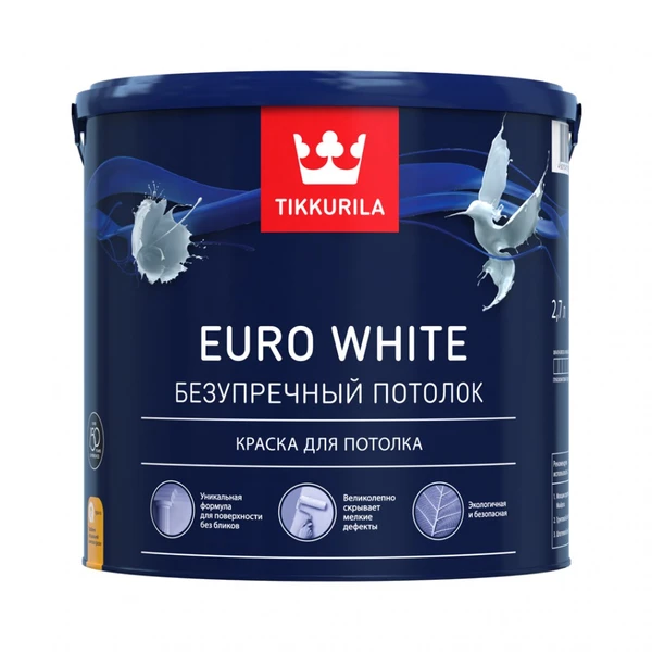 Фото Краска для потолков Tikkurila Euro White глубокоматовая белая База А 9 л