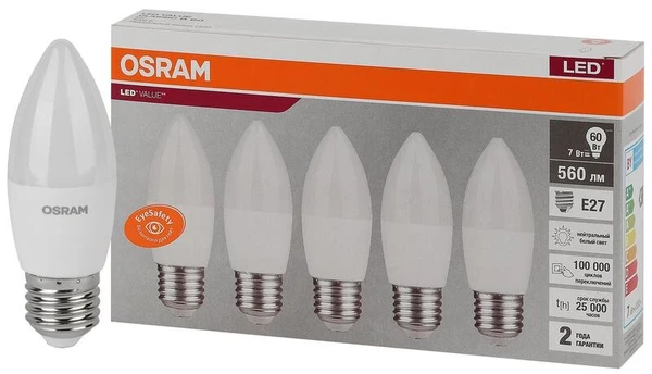 Фото Лампа светодиодная LED Value LVCLB60 7SW/840 230В E27 2х5 RU (уп.5шт) OSRAM 4058075578043