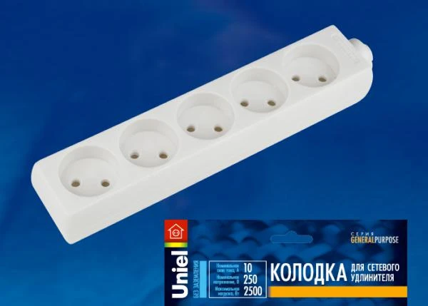 Фото Колодка для удлинителя U-RST5-10 WHITE Колодка для удлинителя Uniel. 5 гнезд, б/з, 10А, 2200Вт. Белый. ТМ Uniel