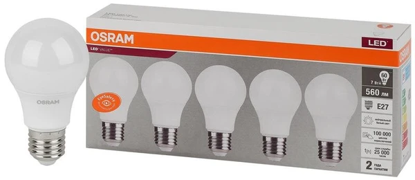 Фото Лампа светодиодная LED Value LVCLA60 7SW/840 230В E27 2х5 RU (уп.5шт) OSRAM 4058075577657