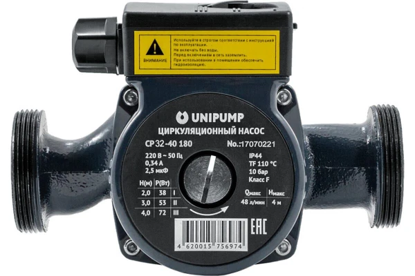 Фото Циркуляционный насос UNIPUMP CP 32-40 180 мм с гайками, напор 4 м, диаметр 32 мм, расход 48 л\мин, 3 скорости, 38835