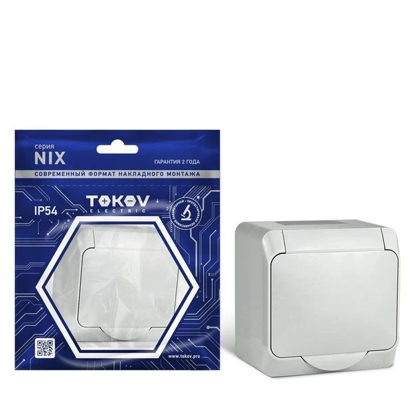 Фото Розетка 1-м ОП Nix 16А IP54 250В с заземл. с крышкой сер. TOKOV ELECTRIC TKE-NX-R1Z-C06-IP54