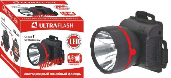 Фото Фонарь налобный 909LED1 (1LED 1 режим; 3хR6 черн.) Ultraflash 11780