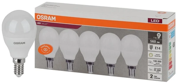 Фото Лампа светодиодная LED Value LVCLP60 7SW/830 230В E14 2х5 RU (уп.5шт) OSRAM 4058075578104