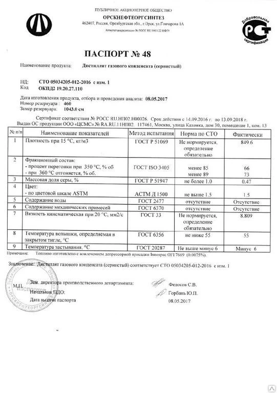 Фото Дистиллят газового конденсата производства Орскнефтеоргсинтез