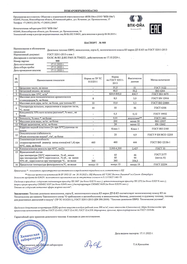 Фото Дизельное топливо межсезонное ЕВРО (ДТ-Е-К5) по ГОСТ 32511-2013 пр-во ВПК-ОЙЛ Коченево