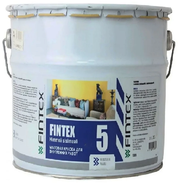 Фото Краска Fintex 5, для стен и потолков, моющаяся, матовая, База С, 2,7л