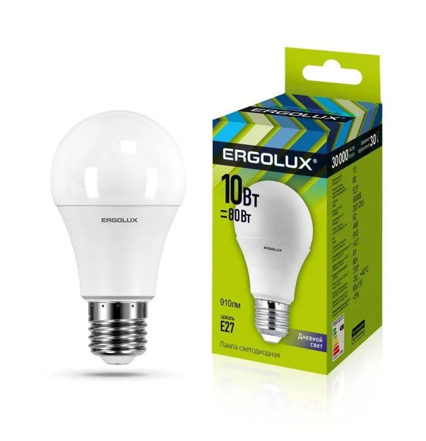 Фото Лампа светодиодная LED-A60-10W-E27-6500K грушевидная ЛОН 172-265В Ergolux 12879