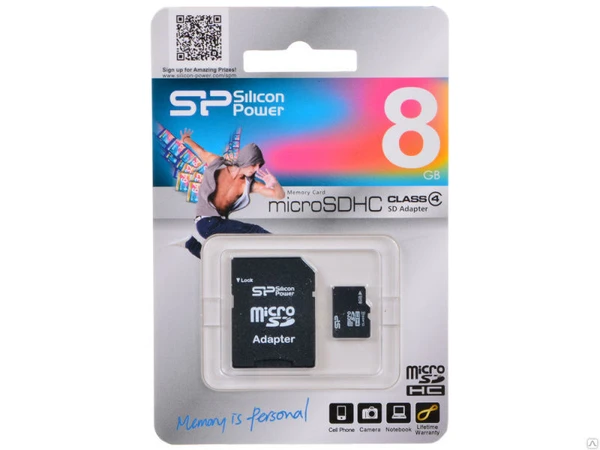 Фото Карта памяти microSDHC 8Gb Silicon Power class 10 с адаптером SD