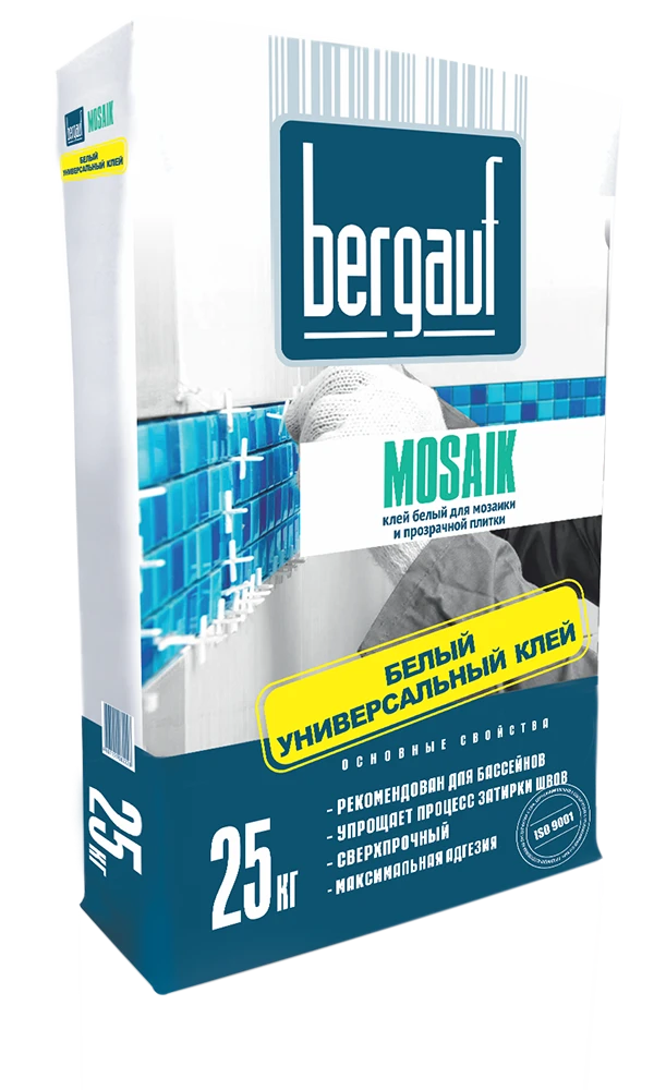 Фото Клей белый для мозаики и прозрачной плитки Mosaik 25кг, Bergauf