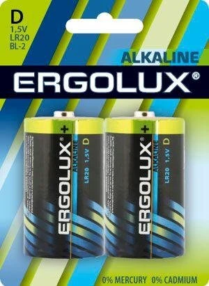 Фото Элемент питания алкалиновый LR20 BL-2 LR20 BL-2 1.5В Alkaline (блист.2шт) Ergolux 11752