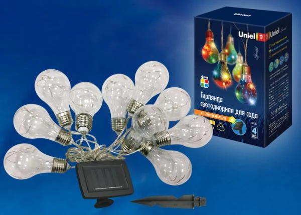 Фото гирлянда садовая USL-C126/PT4000 BULBS Садовая гирлянда на солнечной батарее «Лампочки». 10 светодиодов. Разноцветный свет. 1*АA Ni-Mh аккумулятор в/к. IP44. TM Uniel.