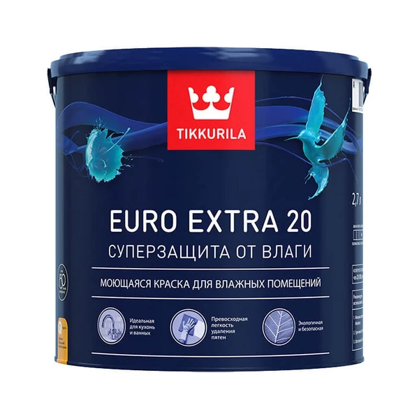 Фото Краска акриловая Tikkurila Euro Extra 20 влагостойкая моющаяся полуматовая белый 2.7 л