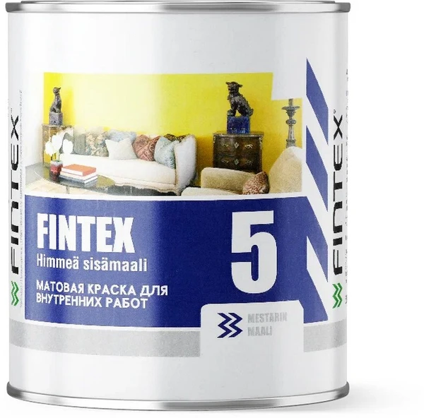 Фото Краска Fintex 5, для стен и потолков, моющаяся, матовая, База С, 0,9л