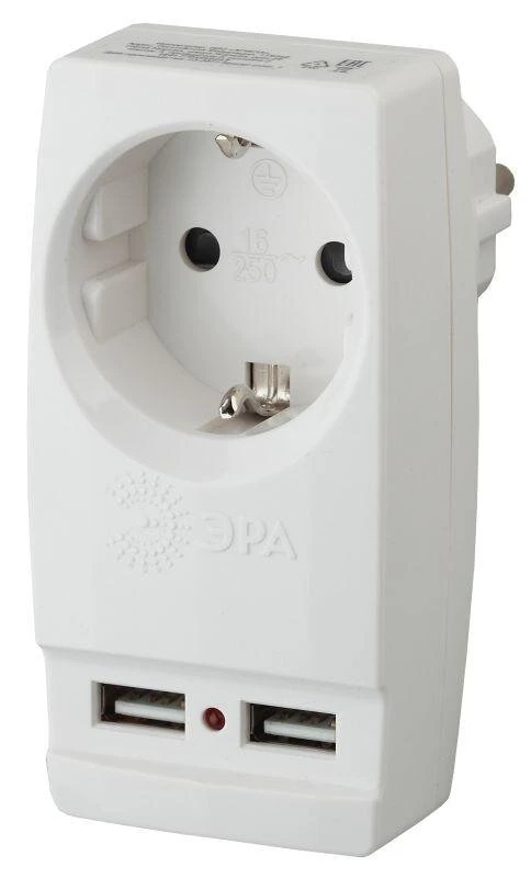 Фото Адаптер SP-1e-USB-W "Polynom" 1-м 220В+ 2хUSB 2100мА c зазeмл. бел. ЭРА Б0026332