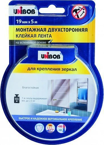 Фото Лента двухсторонняя UNIBOB для зеркал, 19мм х 5м, белая